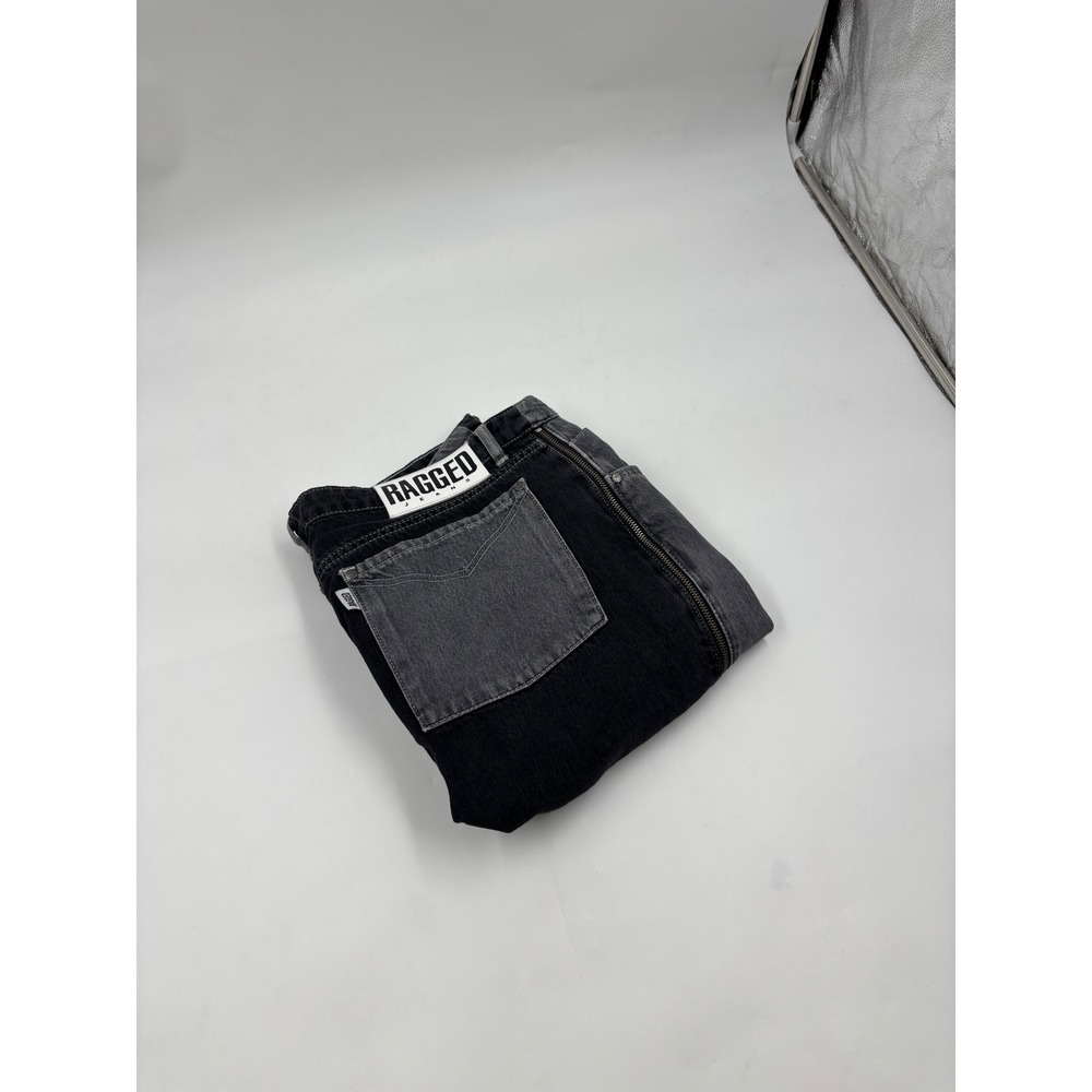 Ragged Mens 36 Wide Leg Black Grey Side Zip Frayed Hem‎ Denim Jeans